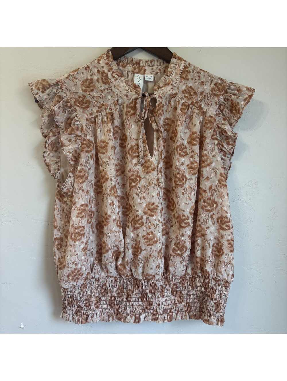 Joie Brown Floral Metallic Ruffle Smocked Waist Blouse Top Size XL
